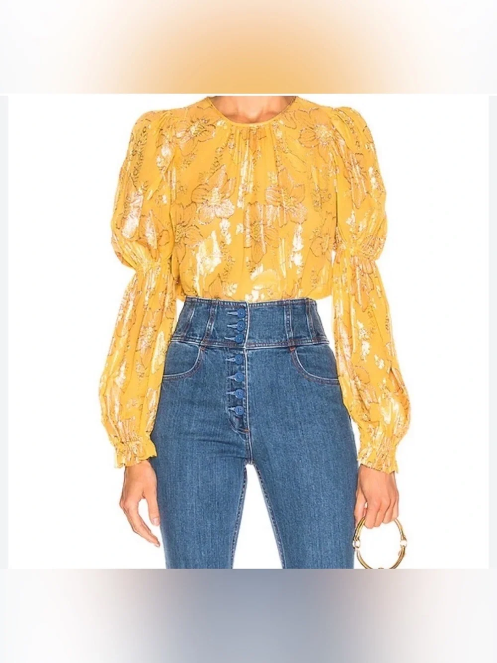 Ulla Johnson Aster Mustard Floral Metallic Long Sleeve Blouse | Size 4